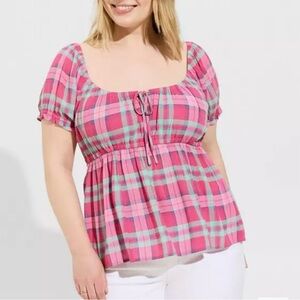 Torrid Babydoll Crinkle Gauze Pink & Green Puff Sleeve Blouse Tie Front Size 2